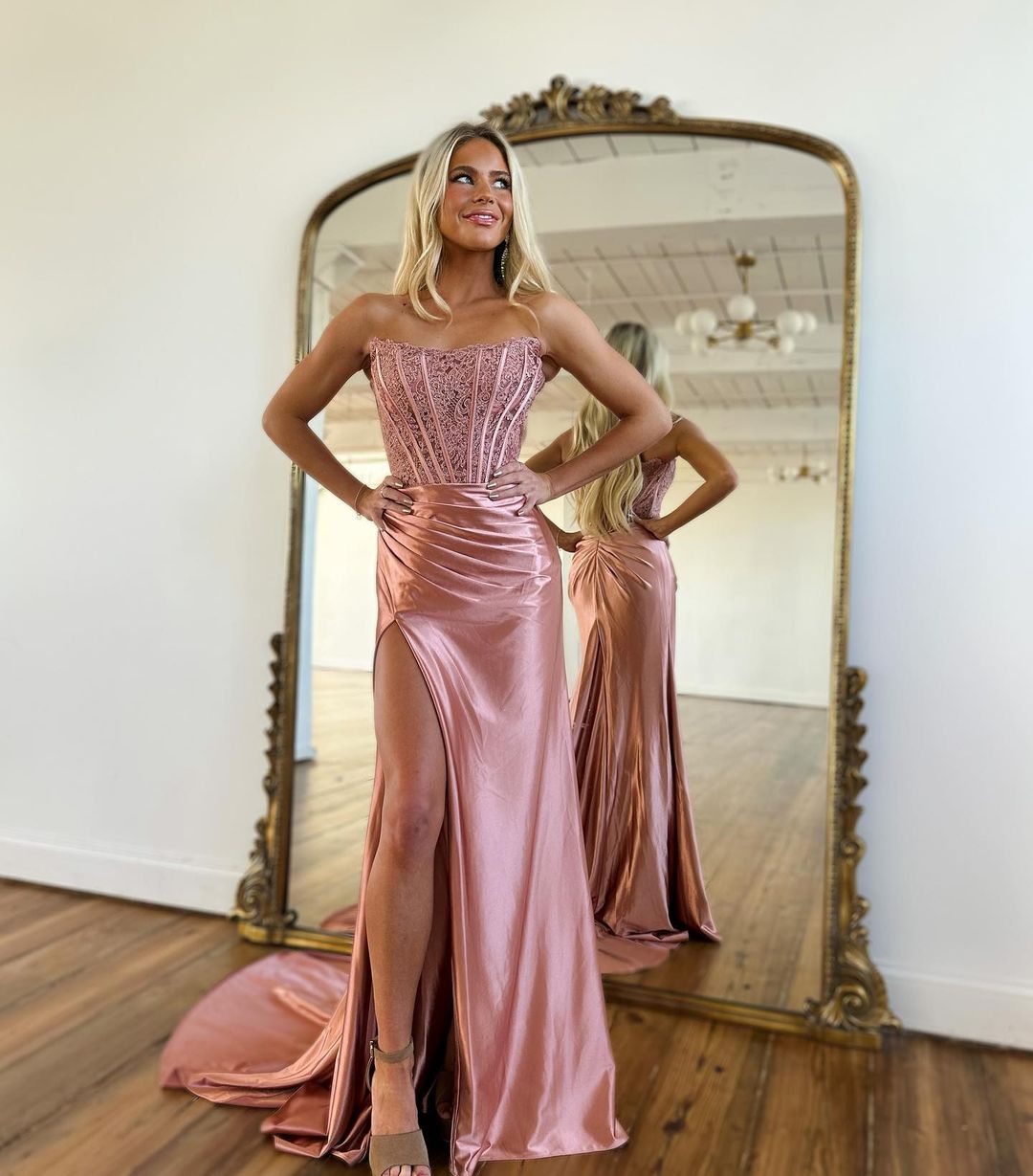 fuchsia mermaid dress Fuchsia Mermaid Long Strapless Sleeveless Appliques Lace Prom Dress with Slit