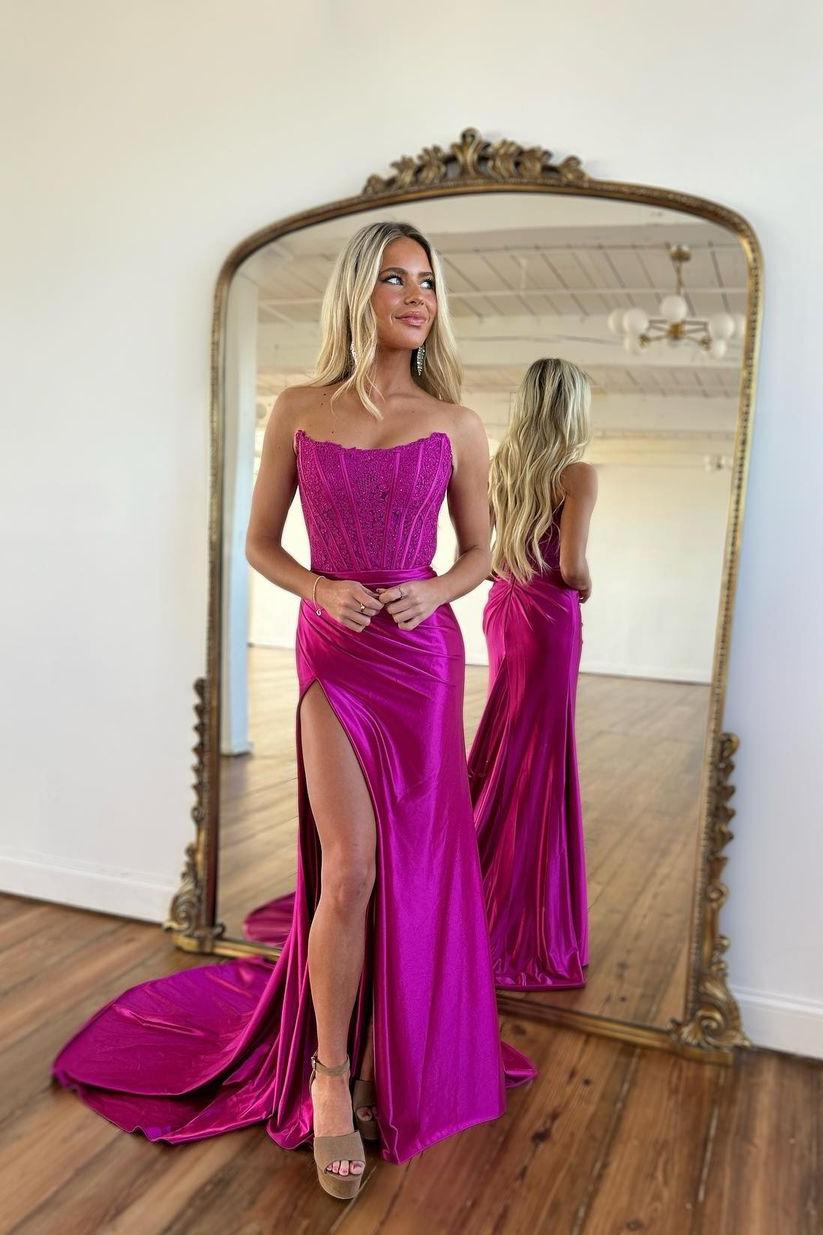 open lace back dress Zapaka Women Hot Pink Long Prom Dress with Slit A-Line Spaghetti Straps Party Dress, Fuchsia / US20W main image 0