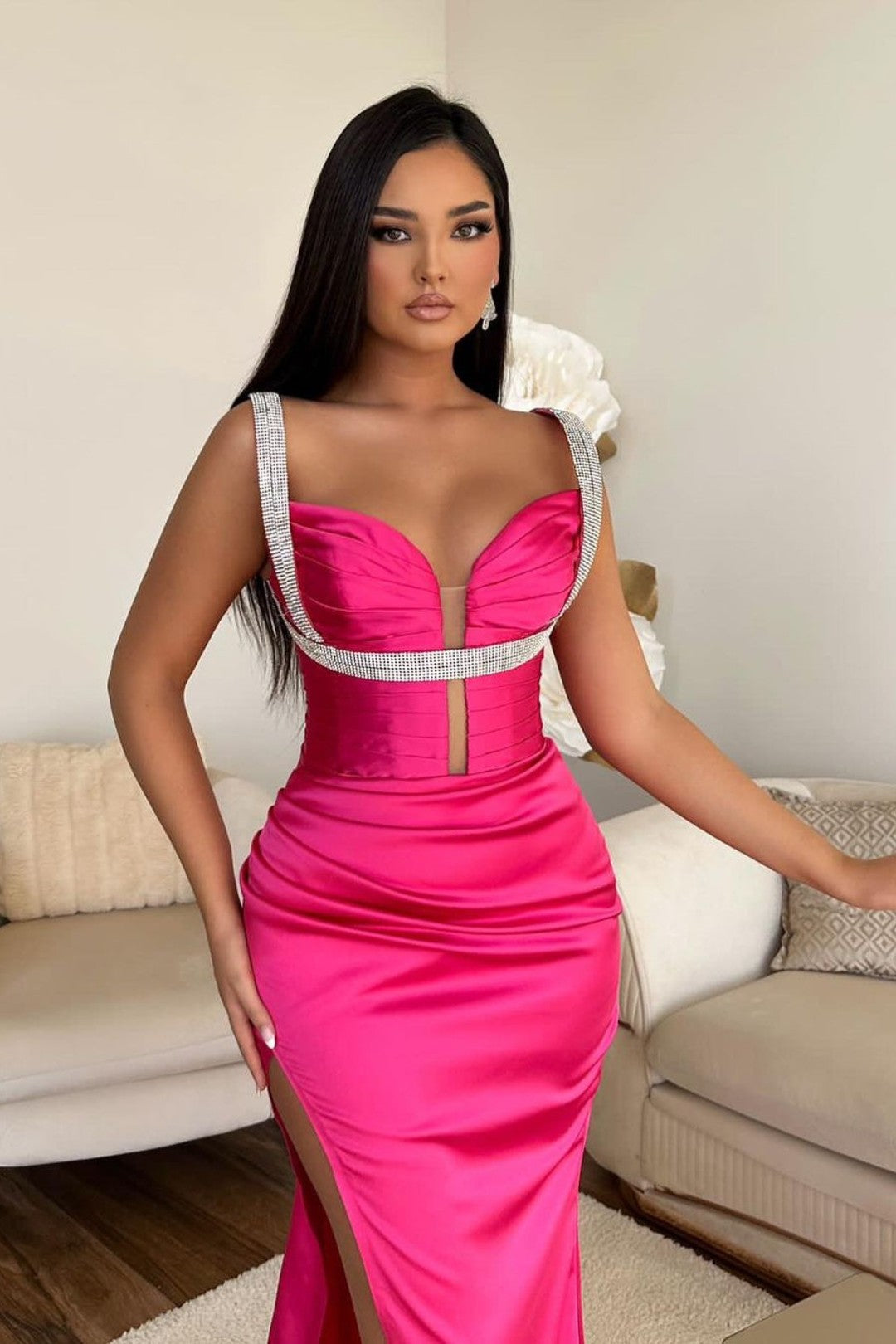 Sexy Spaghetti Strap V-neck Sleeveless Mermaid Long Prom Dresses With Front Slit For Party Online, OL360