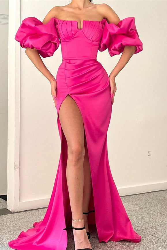 Party Wear Woman Within Formal Evening Dresses Fuchsia Strapless  Off-The-Shoulder Puff Sleeve Mermaid Evening