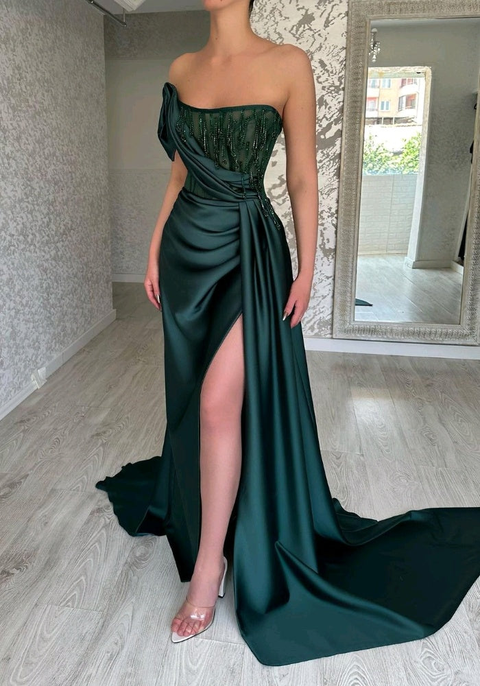 Glamorous Strapless Long Beading Mermaid Satin Evening Dresses with Slit Glamorous Strapless Long Beading Mermaid Satin Evening Dresses with Slit