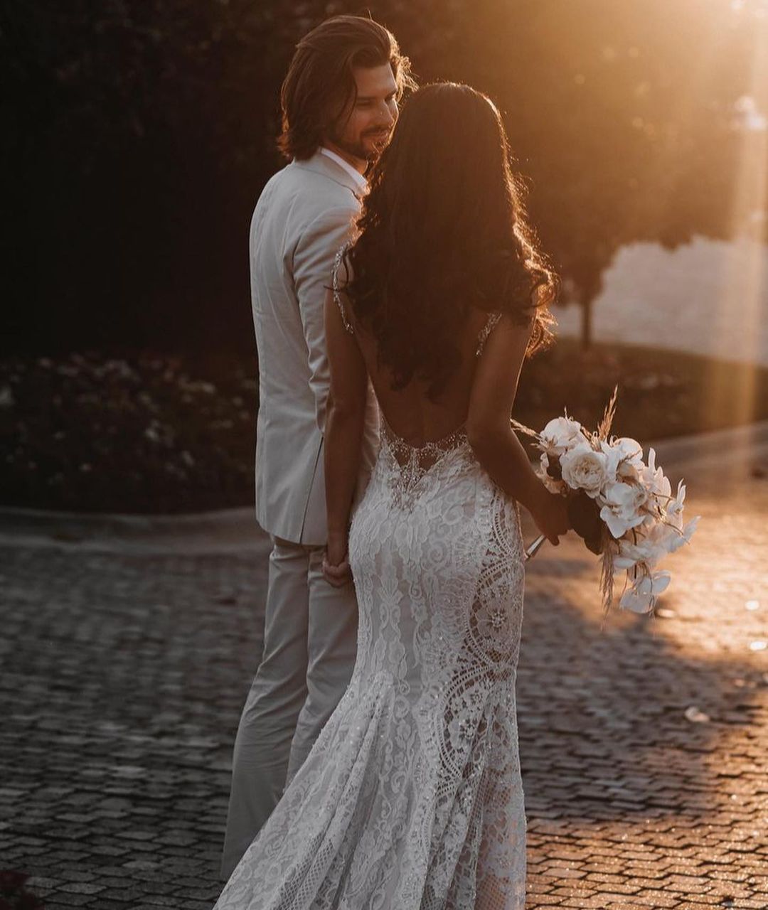 chinese dress ladies Beaded Lace Straps Stylish V-Back Champagne Mermaid Bridal Dress, White main image 0