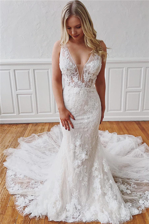 Glamorous Long Straps V-Neck Lace Mermaid Detachable Wedding Dresses Glamorous Long Straps V-Neck Lace Mermaid Detachable Wedding Dresses
