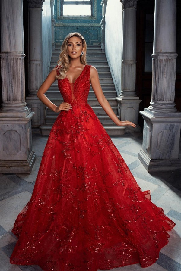 Glitter Long A-line V-neck Lace Tulle Red Prom Dress Glitter Long A-line V-neck Lace Tulle Red Prom Dress