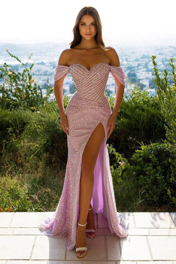 Glitter Long Mermaid Off-The-Shoulder Prom Dress with Slit