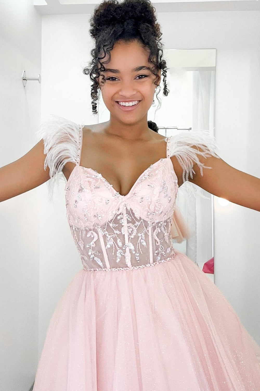 Glitter Pink A-Line Corset Tulle Short Homecoming Dress with Feathers BIZTUNNEL Glitter Pink A-Line Corset Tulle Short Homecoming Dress with Feathers BIZTUNNEL
