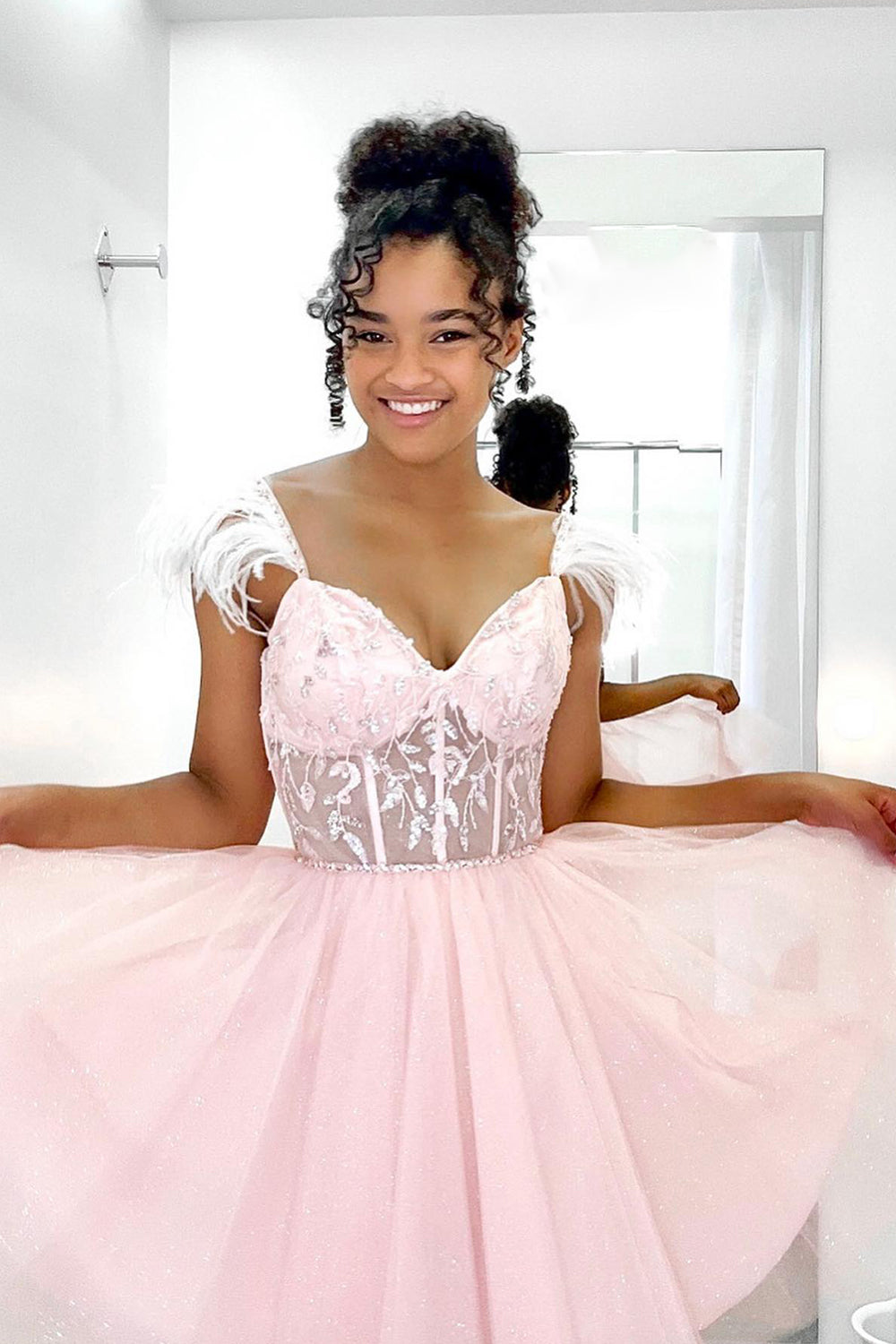Glitter Pink A-Line Corset Tulle Short Homecoming Dress with Feathers BIZTUNNEL Glitter Pink A-Line Corset Tulle Short Homecoming Dress with Feathers BIZTUNNEL