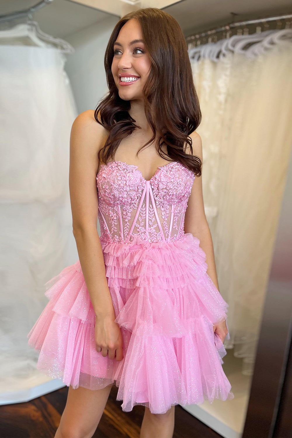 pink corset homecoming dresses Glitter Pink Corset A-Line Tiered Short Homecoming Dress with Lace