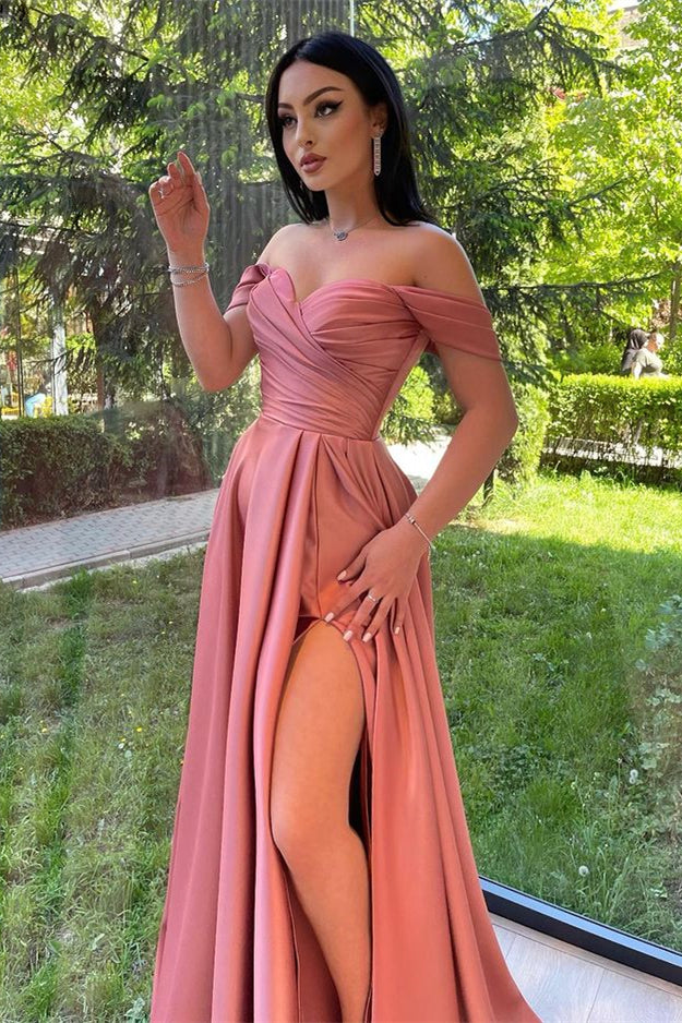 off the shoulder long pink dress Burgundy Long A-line Off-The-Shoulder Evening Dresses with Front Split –  BIZTUNNEL