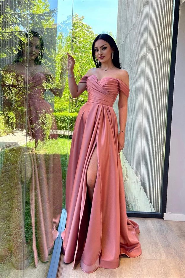 Burgundy Long A-line Off-The-Shoulder Evening Dresses with Front Split BIZTUNNEL Burgundy Long A-line Off-The-Shoulder Evening Dresses with Front Split BIZTUNNEL