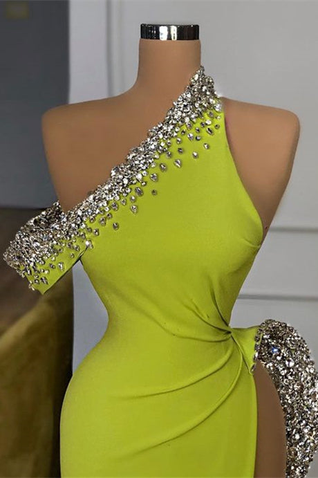 Yellow Off-the-Shoulder Satin Beads Mermaid Prom Dress With Split main image 0