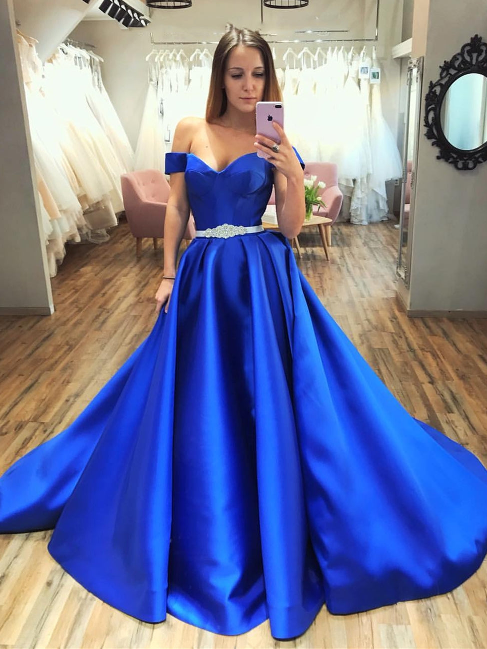 Gorgeous A-line Off the Shoulder Satin Long Prom Dresses Royal Blue Formal Evening Dresses Gorgeous A-line Off the Shoulder Satin Long Prom Dresses Royal Blue Formal Evening Dresses