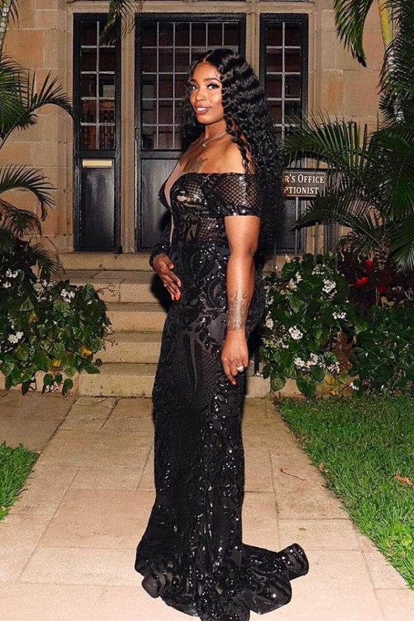 Gorgeous Black Long Mermaid One Shoulder Tulle Lace Prom Dress with Sleeves