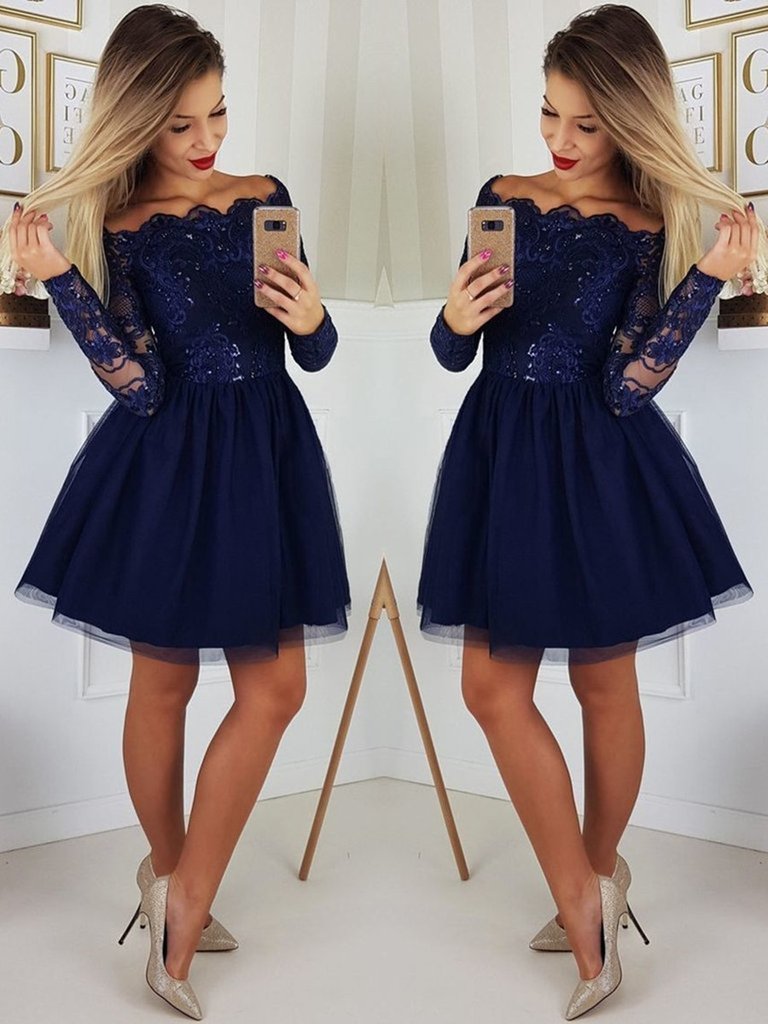 open lace back dress Gorgeous Dark Blue Sequins Short Prom Dresses with Sleeves