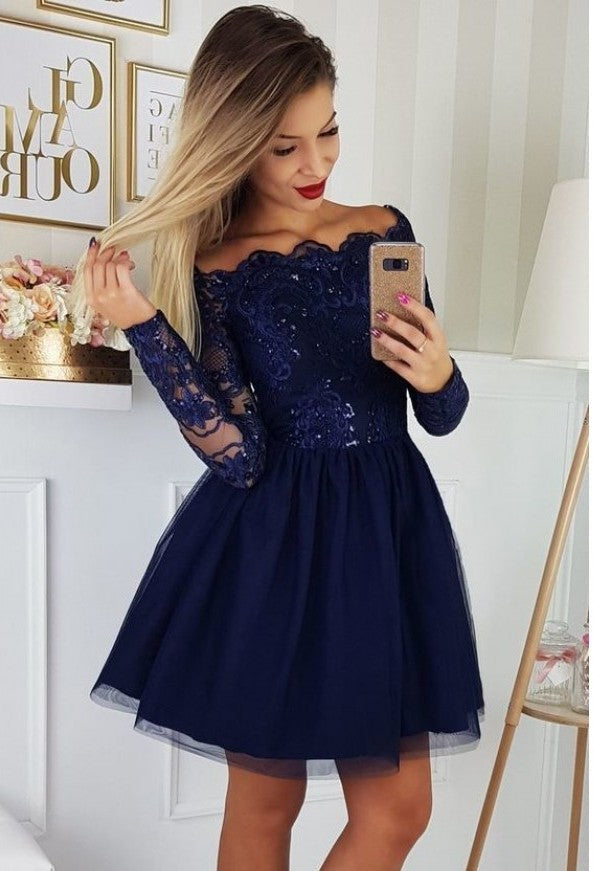 Gorgeous Dark Blue Sequins Short Prom Dresses with Sleeves Gorgeous Dark Blue Sequins Short Prom Dresses with Sleeves