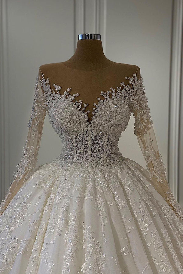 Beaded Lace Ball Gown Wedding Dress with Long Sleeves Vintage Bridal Gown