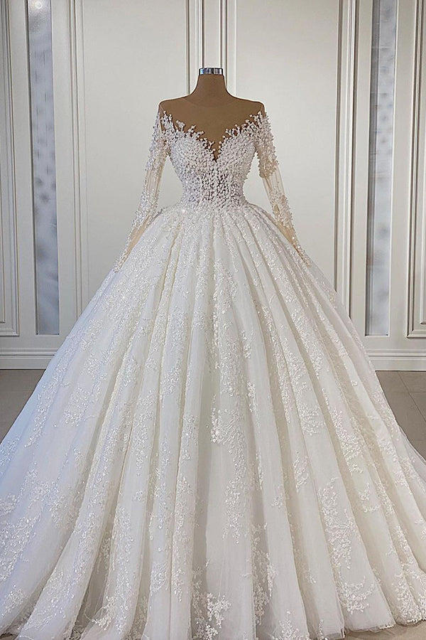 wedding dress beads Gorgeous Lace Long Sleeve Beads Ball Gown Wedding Dress – BIZTUNNEL