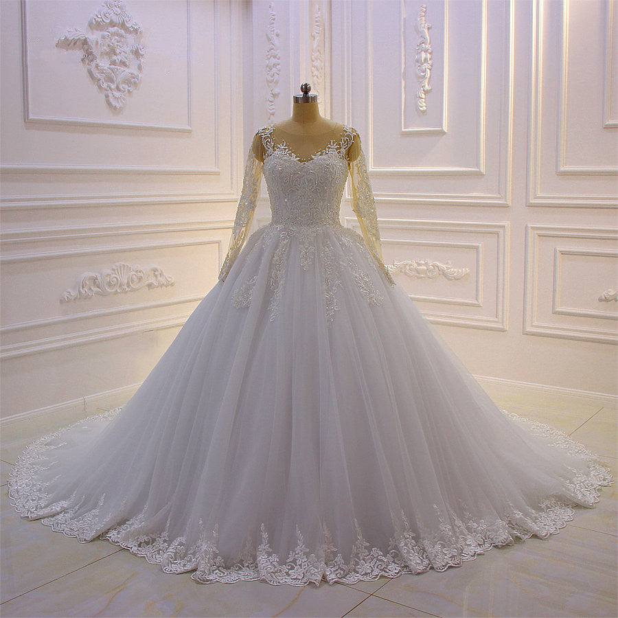 Gorgeous Long A-Line Bateau Pearl Tulle Appliques Lace Wedding Dress with Sleeves Gorgeous Long A-Line Bateau Pearl Tulle Appliques Lace Wedding Dress with Sleeves