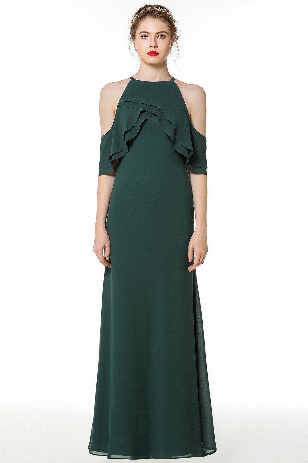Gorgeous Long A-Line Halter Chiffon Dark Green Bridesmaid Dress