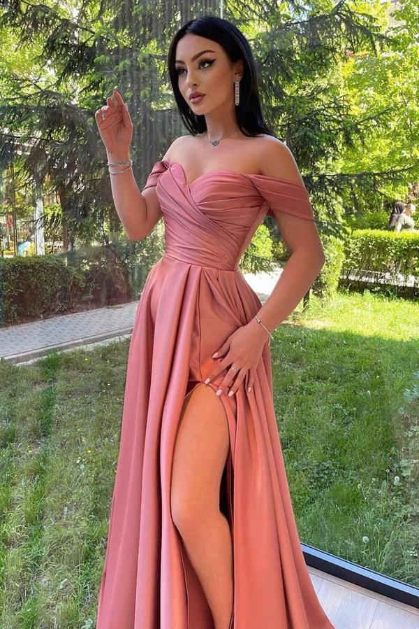 maxi satin prom dress Gorgeous Long A-line Off the Shoulder Ruched Satin Prom Dress with Slit