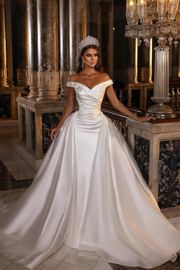Gorgeous Long A-Line Off-the-shoulder Sweetheart Backless Satin Wedding Dress Gorgeous Long A-Line Off-the-shoulder Sweetheart Backless Satin Wedding Dress