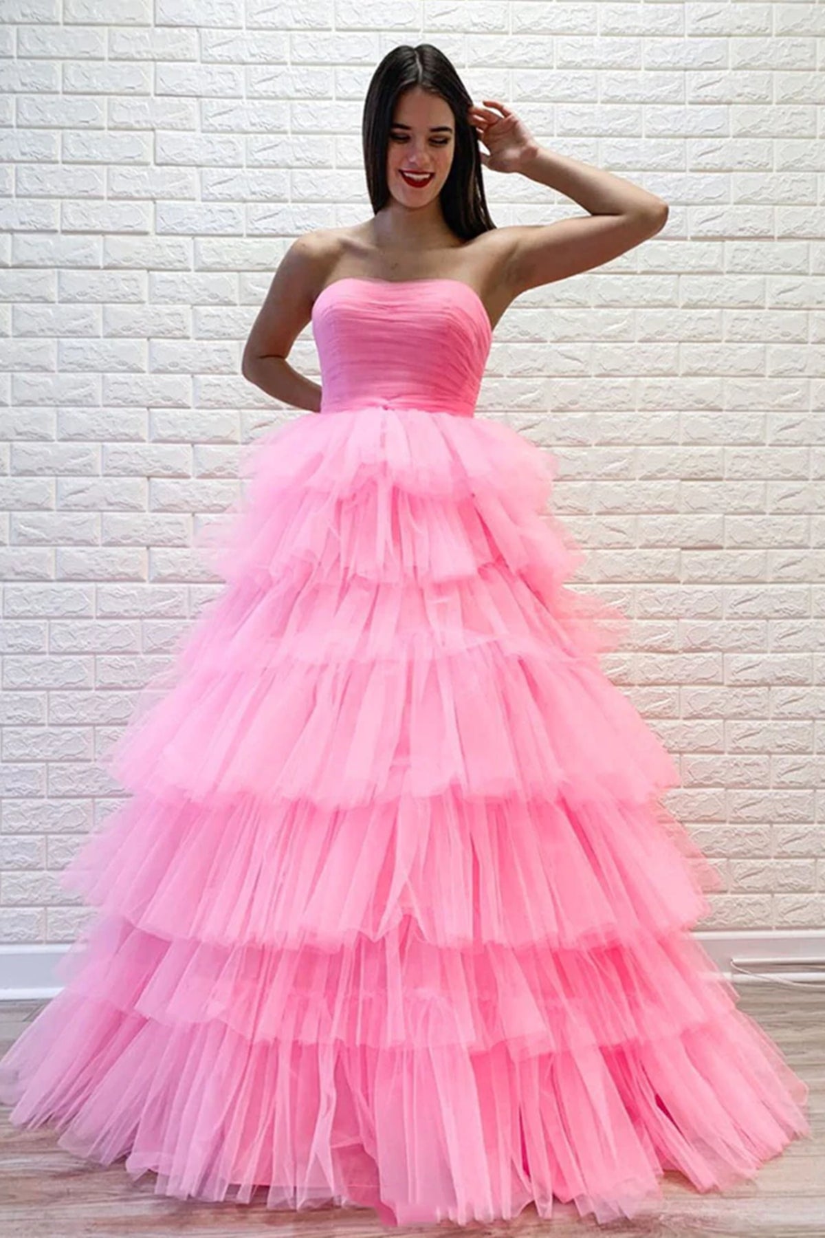 Gorgeous Long A-line Strapless Layered Tulle Prom Dress Pink Formal Ev BIZTUNNEL Gorgeous Long A-line Strapless Layered Tulle Prom Dress Pink Formal Ev BIZTUNNEL