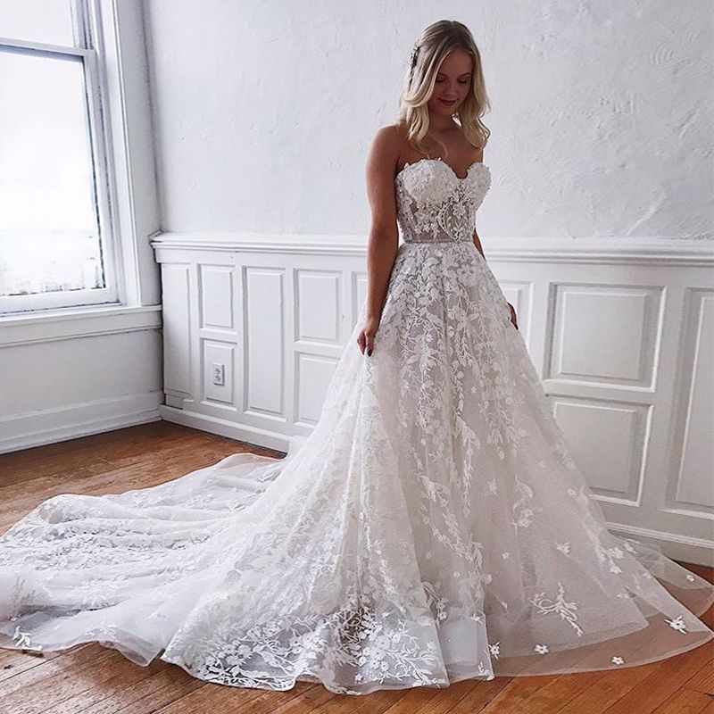 A Line Long Lace Prom Dress Wedding Dress Unique Bridal Gown main image 0