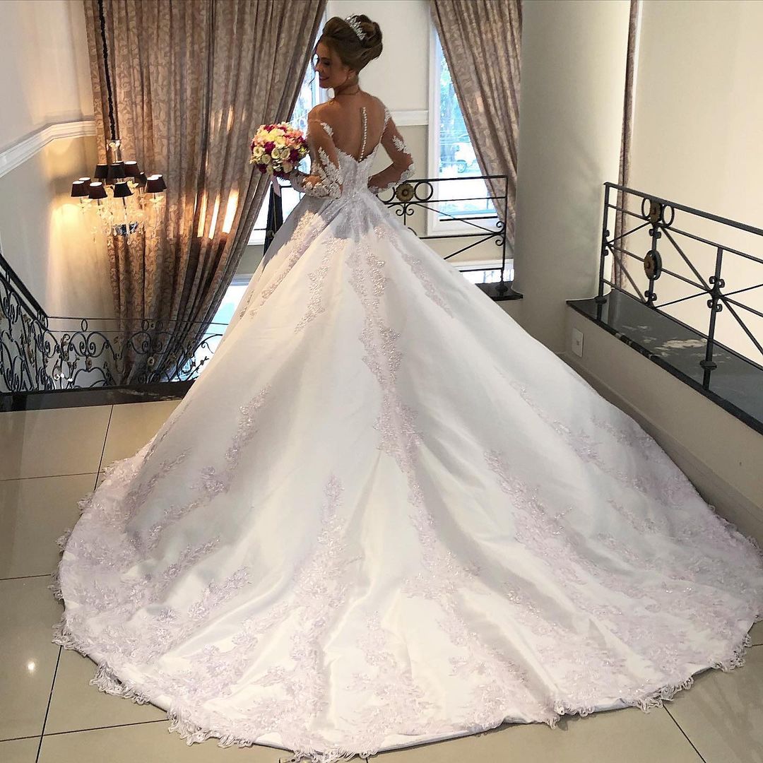 Gorgeous Long A-line Sweetheart Satin Lace Tulle Wedding Dress with sl –  BIZTUNNEL