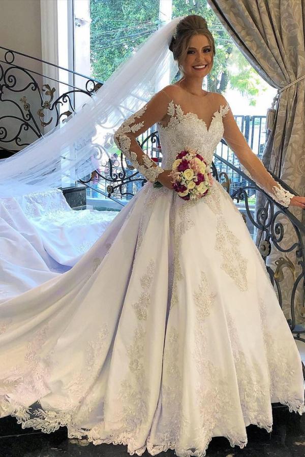 Gorgeous Long A-Line Sweetheart Satin Lace Tulle Wedding Dress with Sleeves