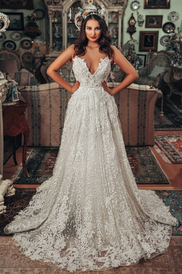 Gorgeous Long A-Line V-Neck 3D Floral Lace Wedding Dress
