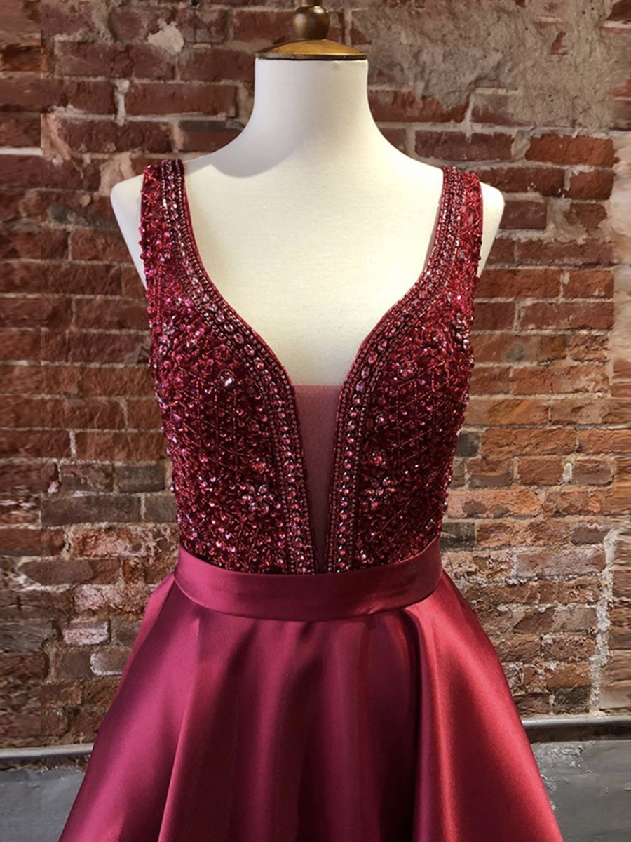 Gorgeous Long A-line V Neck Satin Graduation Prom Dresses with Beadings Gorgeous Long A-line V Neck Satin Graduation Prom Dresses with Beadings