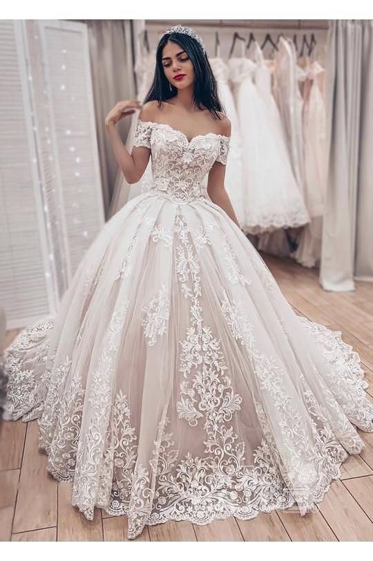 Ball Gown Off-The-Shoulder Floor-Length Pleated Wedding Dresses with Lace Appliques