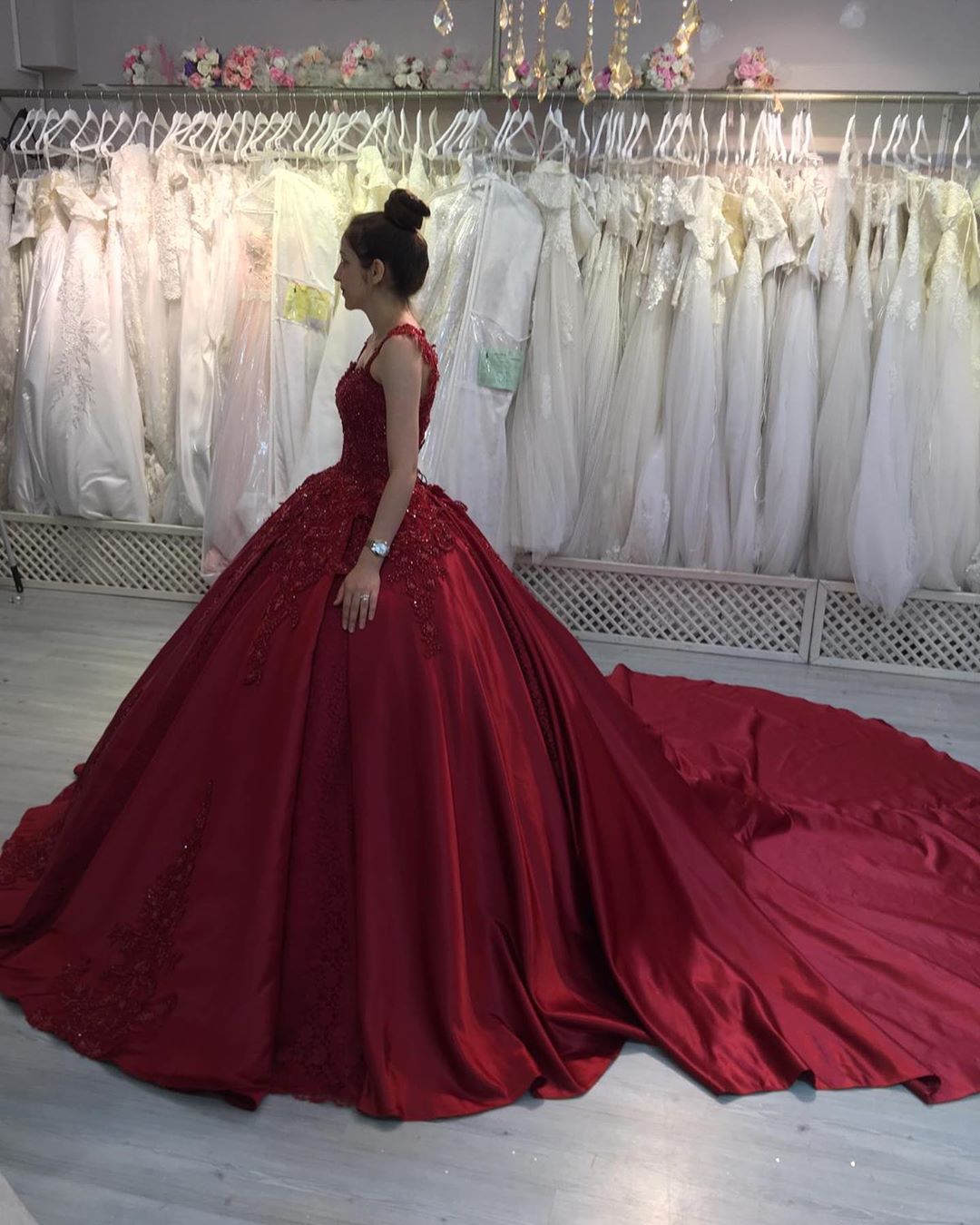 Gorgeous Long Ball Gown Sweetheart Appliques Lace Satin Prom Dress   BIZTUNNEL