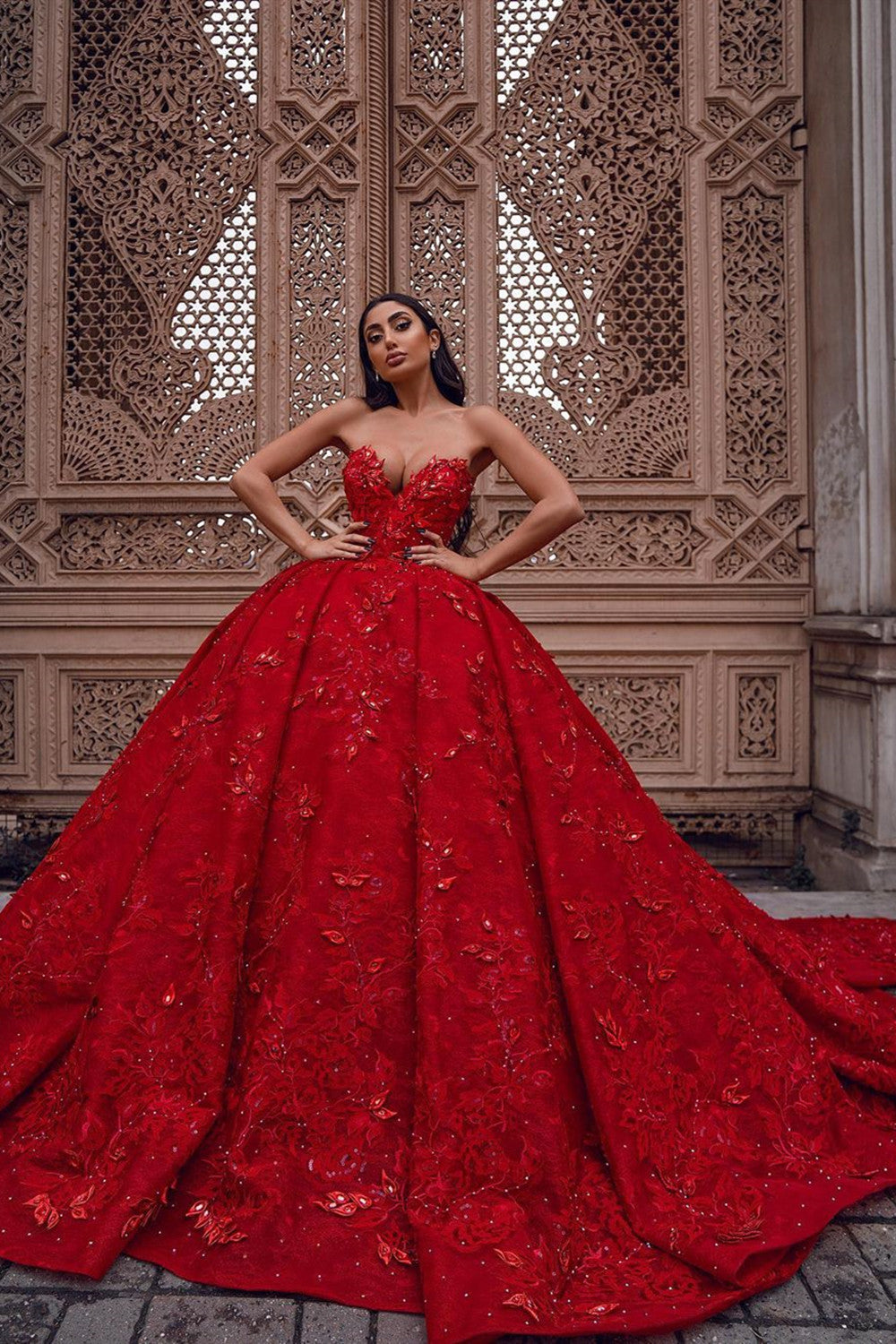 Gorgeous Long Ball Gown Sweetheart Satin Lace Red Prom Dress Gorgeous Long Ball Gown Sweetheart Satin Lace Red Prom Dress