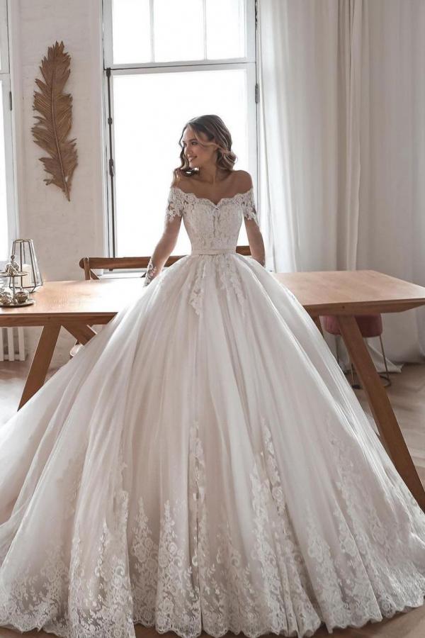 Timeless Ball Gown Tulle Lace Sequin Beaded Long Sleeves Long Wedding Dresses C4131