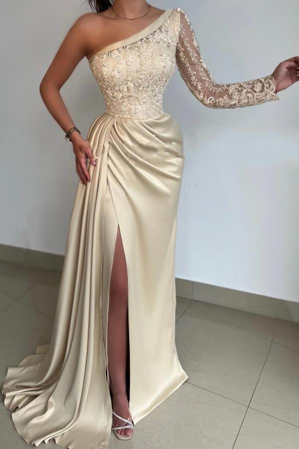 Gorgeous Long Mermaid Asymmetrical Satin Lace Front Slit Prom Dress with Sleeves Gorgeous Long Mermaid Asymmetrical Satin Lace Front Slit Prom Dress with Sleeves