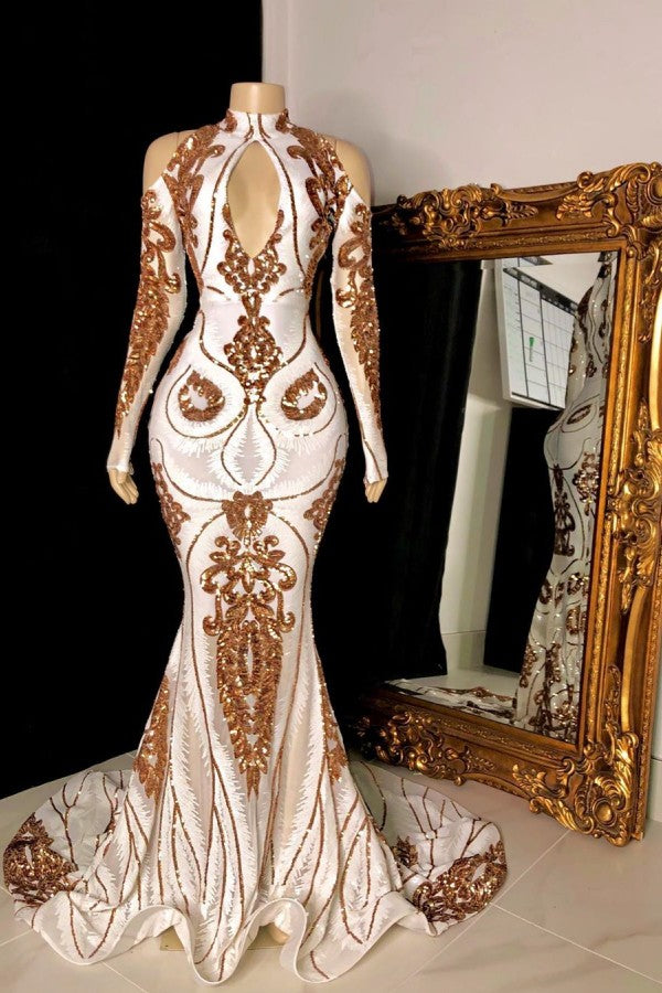 Gorgeous Long Mermaid Keyhole Neckline Sequins Formal Prom Dress with Sleeves Gorgeous Long Mermaid Keyhole Neckline Sequins Formal Prom Dress with Sleeves