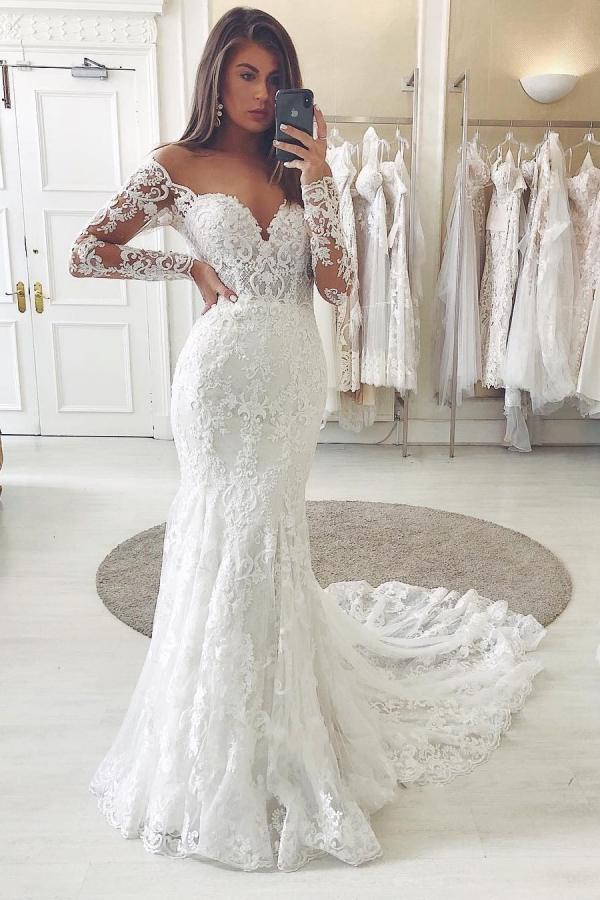 Gorgeous Long Mermaid Off-the-shoulder Lace Wedding Dress with Sleeves Gorgeous Long Mermaid Off-the-shoulder Lace Wedding Dress with Sleeves