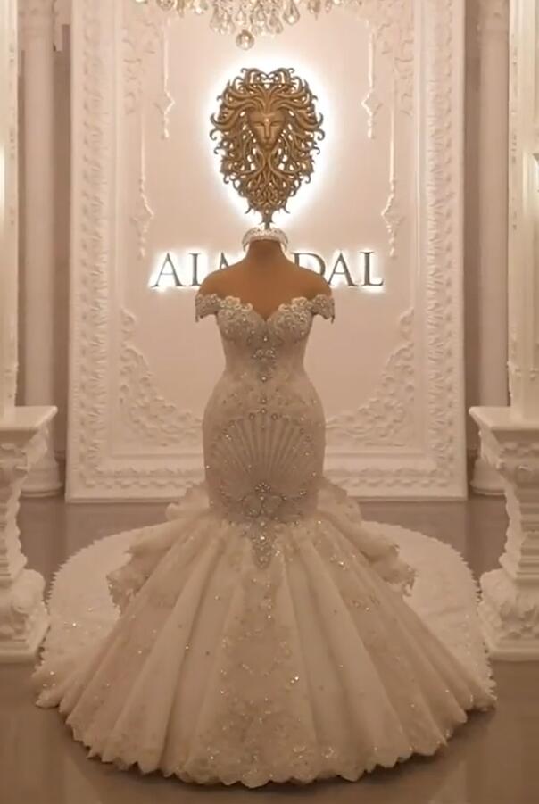 Gorgeous Long Off the Shoulder Crystal Backless Mermaid Wedding Dresses