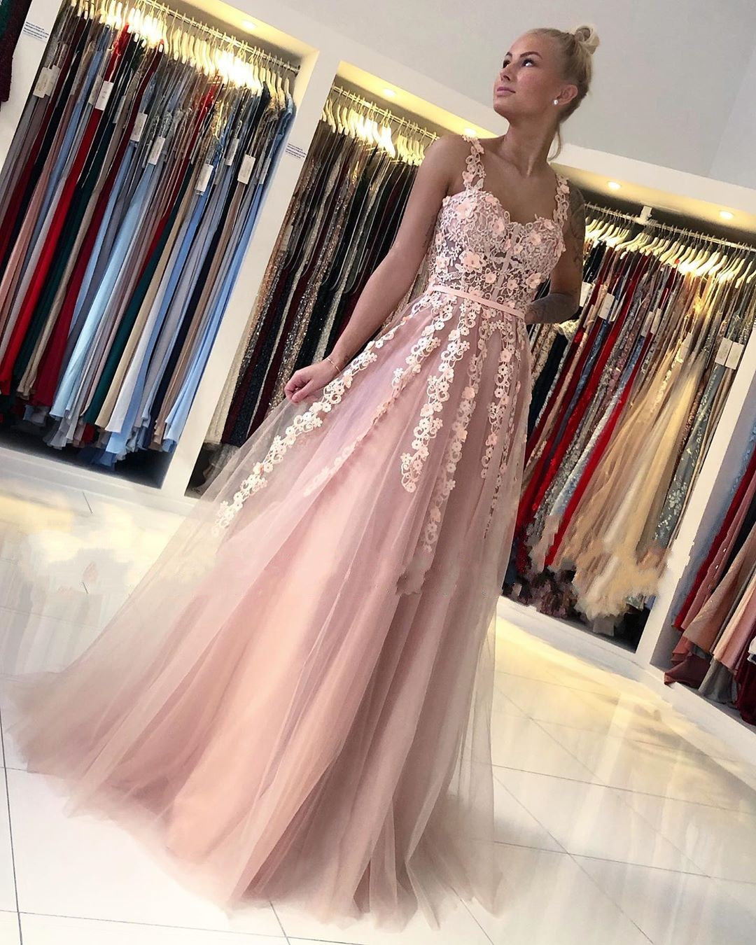 Gorgeous Long Open Back Tulle Lace A-line Prom Dress  BIZTUNNEL