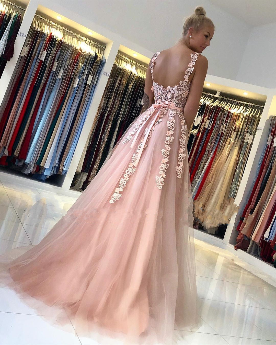 Gorgeous Long Open Back Tulle Lace A-line Prom Dress Gorgeous Long Open Back Tulle Lace A-line Prom Dress