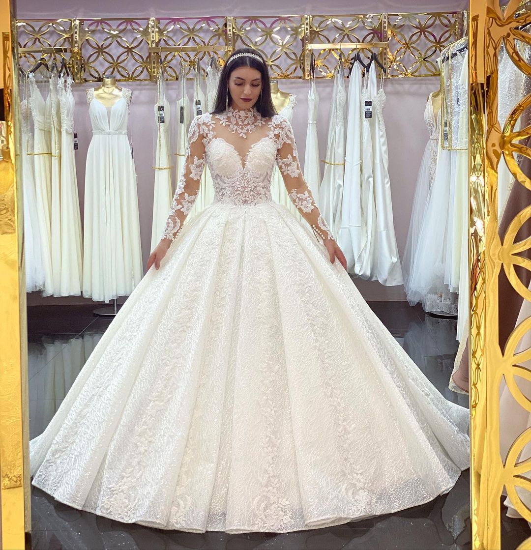 gorgeous princess wedding dresses Beautiful Princess Ball Gown With Long Illusion Tulle Sleeves Bridal Gown 40