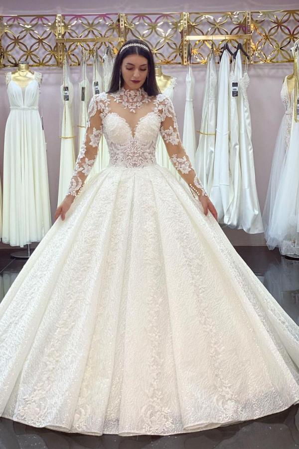 Gorgeous Long Princess High-neck Lace Appliques Wedding Dress with Sle –  BIZTUNNEL