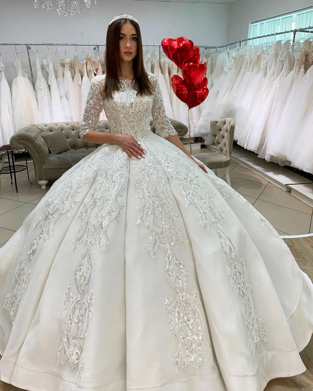 Gorgeous Long Princess Satin Bateau Appliques Lace Wedding Dress with Sleeves Gorgeous Long Princess Satin Bateau Appliques Lace Wedding Dress with Sleeves