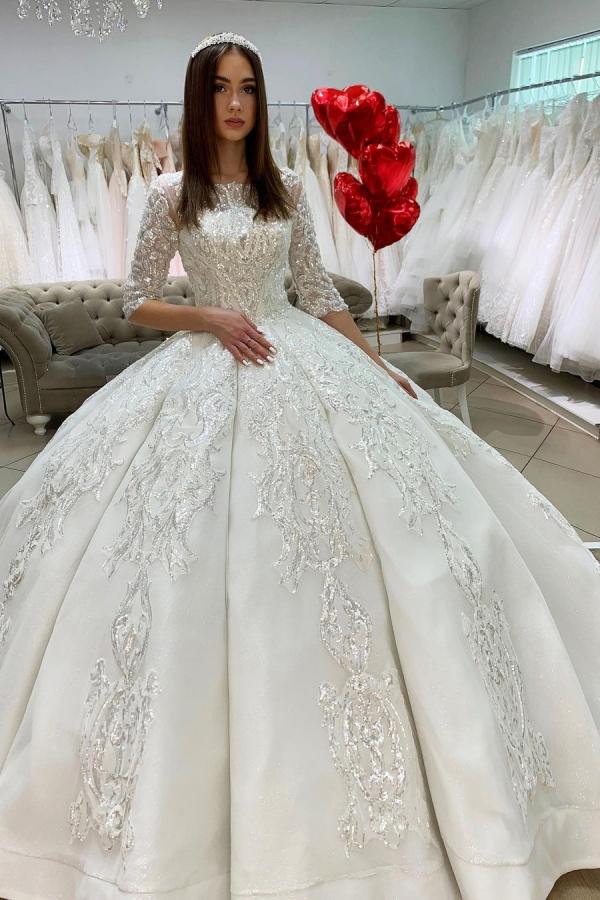 princess long sleeve lace wedding dress Lace tulle long sleeve princess ball gown lace A-Line wedding dress..   Bela Bridal