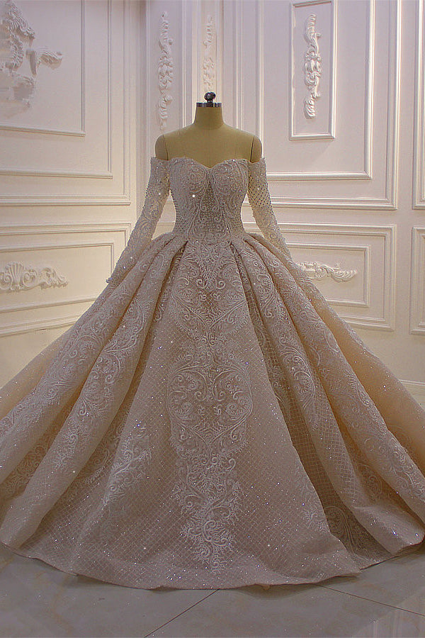 ball gown long sleeves off-the-shoulder floor-length lace applique dresses Gorgeous Long Sleeve Off the Shoulder Appliques Lace Ball Gown Wedding Dress
