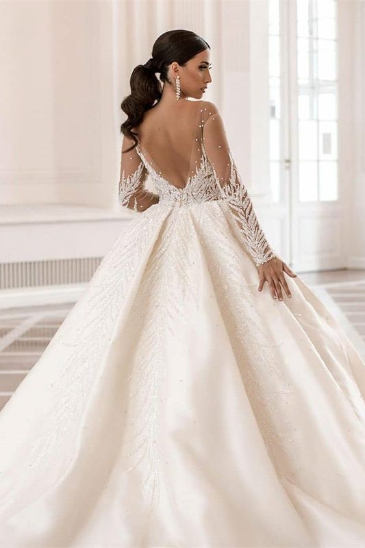 Gorgeous Long Sleeves A-Line Bateau Crystal Pearl Satin Wedding Dress Gorgeous Long Sleeves A-Line Bateau Crystal Pearl Satin Wedding Dress