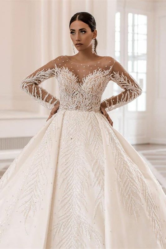 Gorgeous Long Sleeves A-Line Bateau Crystal Pearl Satin Wedding Dress BIZTUNNEL Gorgeous Long Sleeves A-Line Bateau Crystal Pearl Satin Wedding Dress BIZTUNNEL