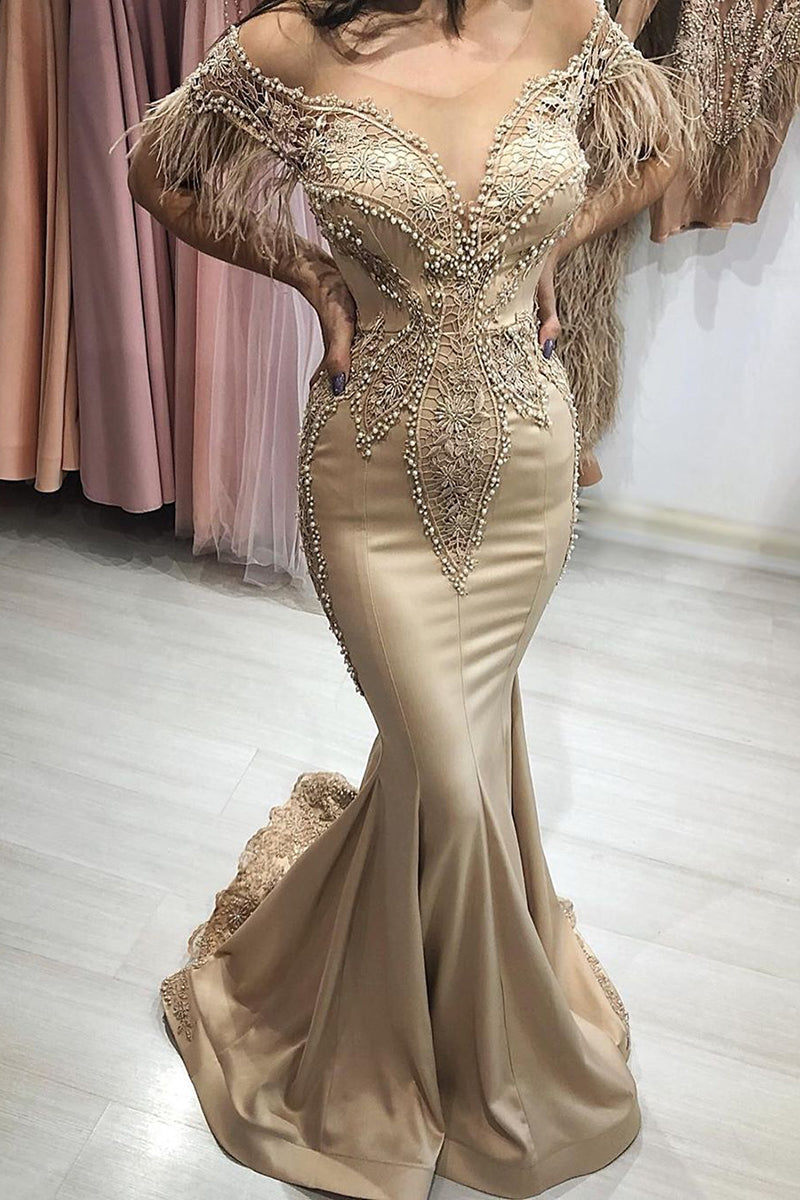 Gorgeous Mermaid Off-The-Shoulder Long Prom Dress with Sleeves Gorgeous Mermaid Off-The-Shoulder Long Prom Dress with Sleeves