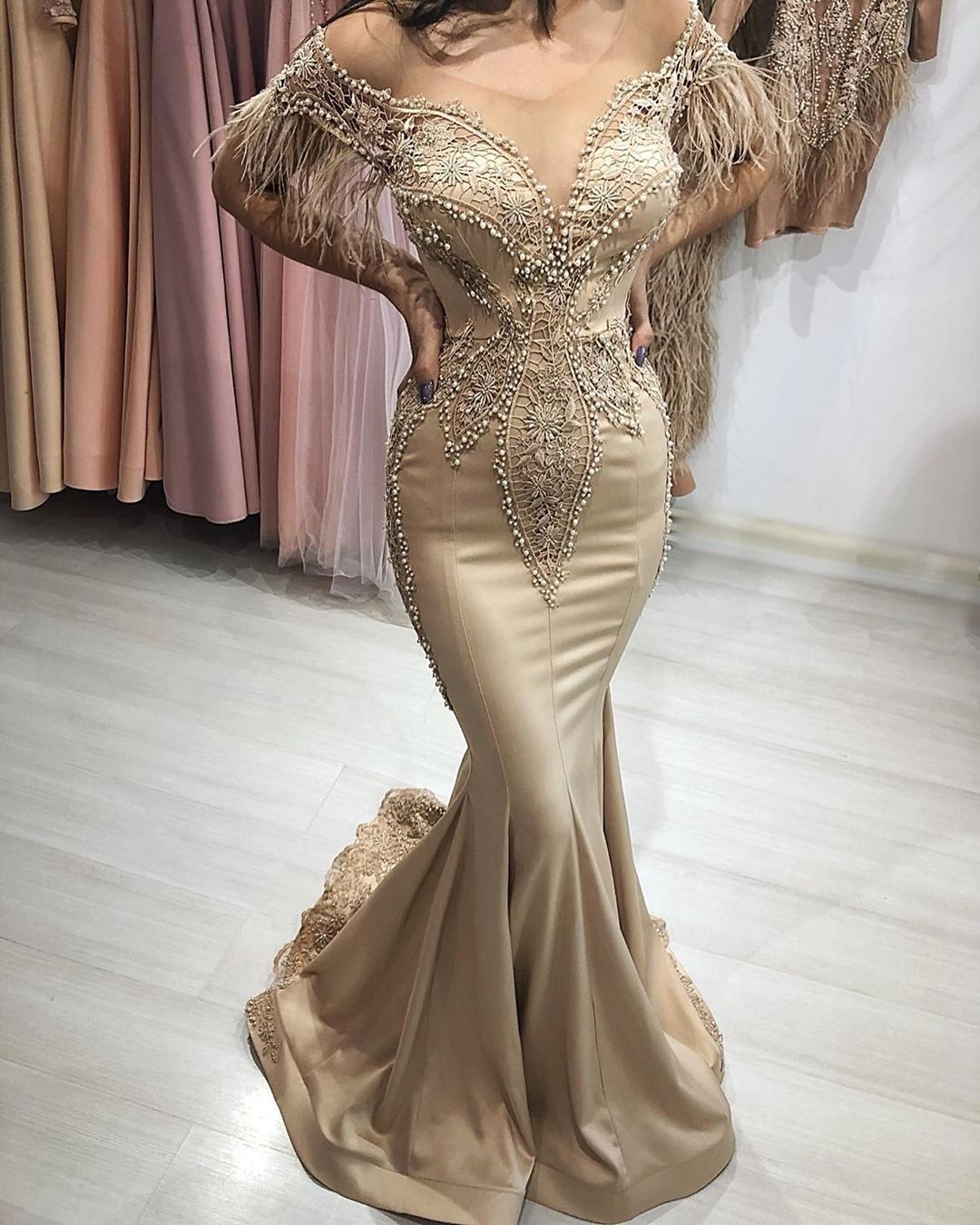 Gorgeous Mermaid Off-The-Shoulder Long Prom Dress with Sleeves